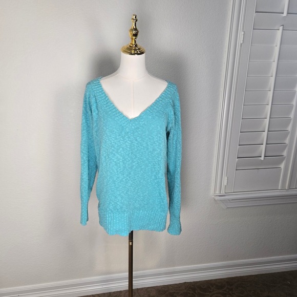 Vintage Y2K Old Navy Aqua Chunky Knit Wide V Neck Sweater Cotton Women M - Picture 10 of 13